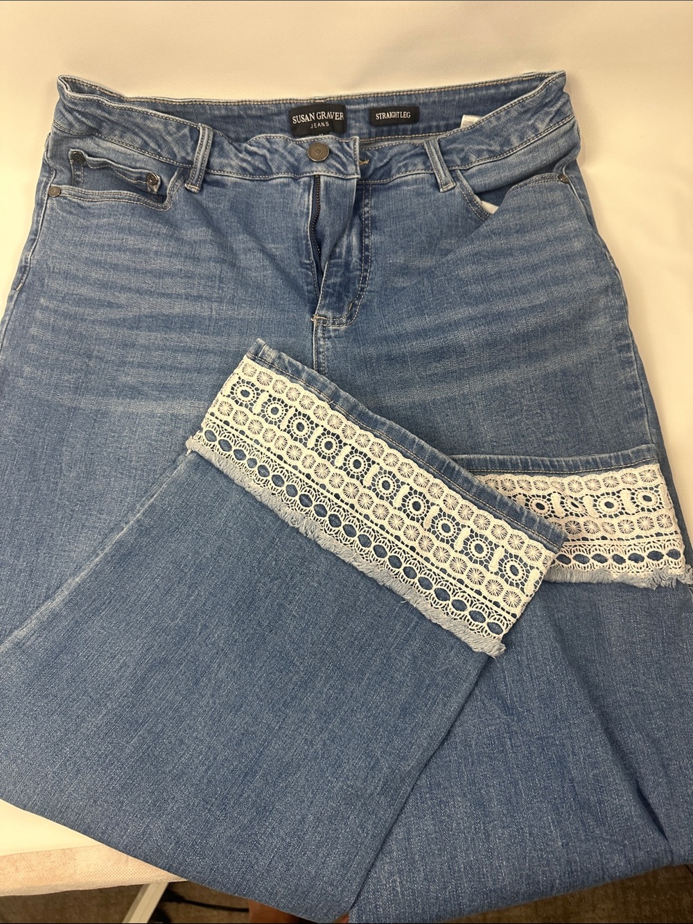 Susan Graver Blue Straight Leg Jeans with White Lace Cuff 
B129